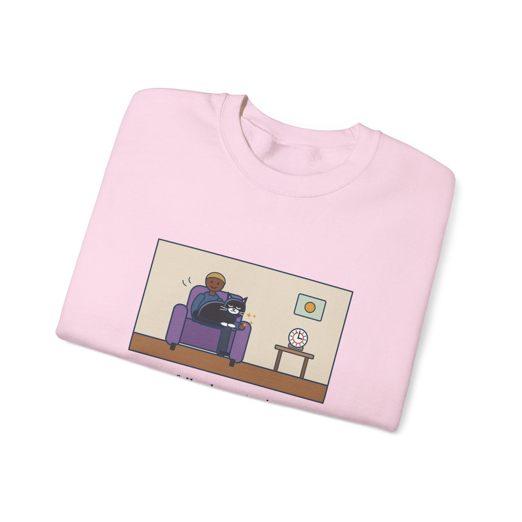 Cat Lap Sweatshirt, His Arm Fell Asleep at Minute Ten, The Cat Stayed Till Minute Sixty, Funny Armchair Hour Crewneck