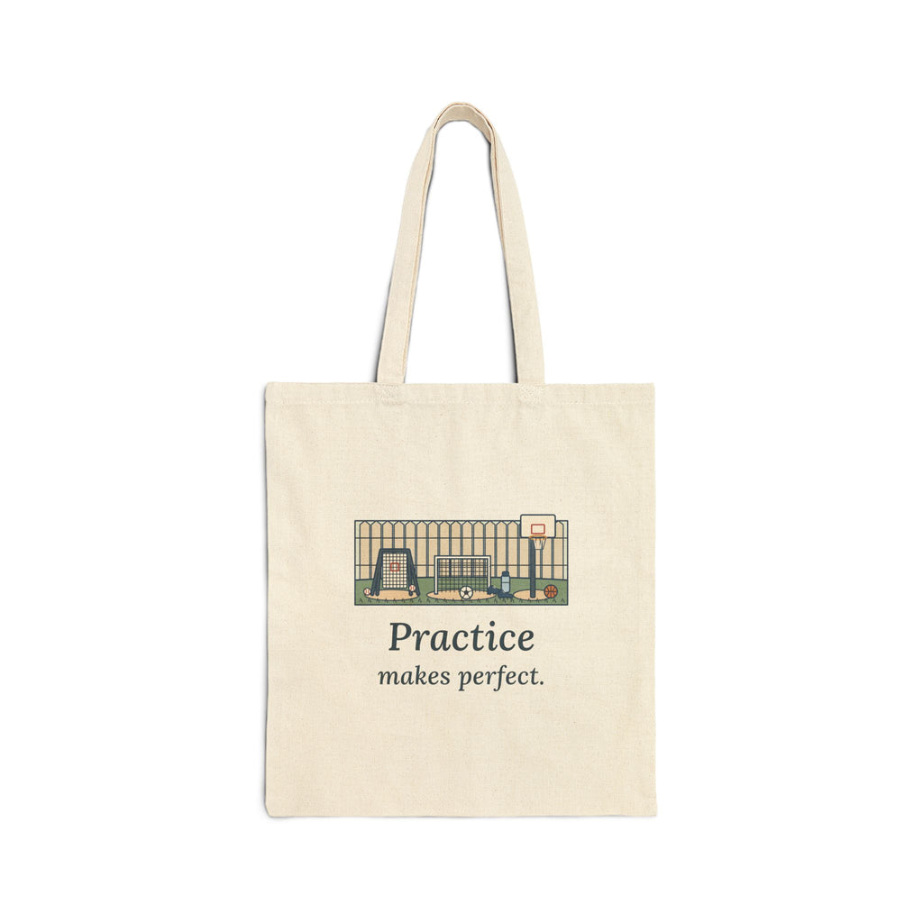 Practice Makes Perfect Tote Bag, Youth Sports Proverb Tote with Backyard Practice
