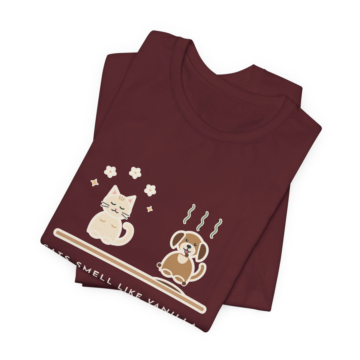 Funny Pet Humor T-Shirt, Cats Smell Like Vanilla, Dogs Smell Like Dogs, Original Illustrated Shirt