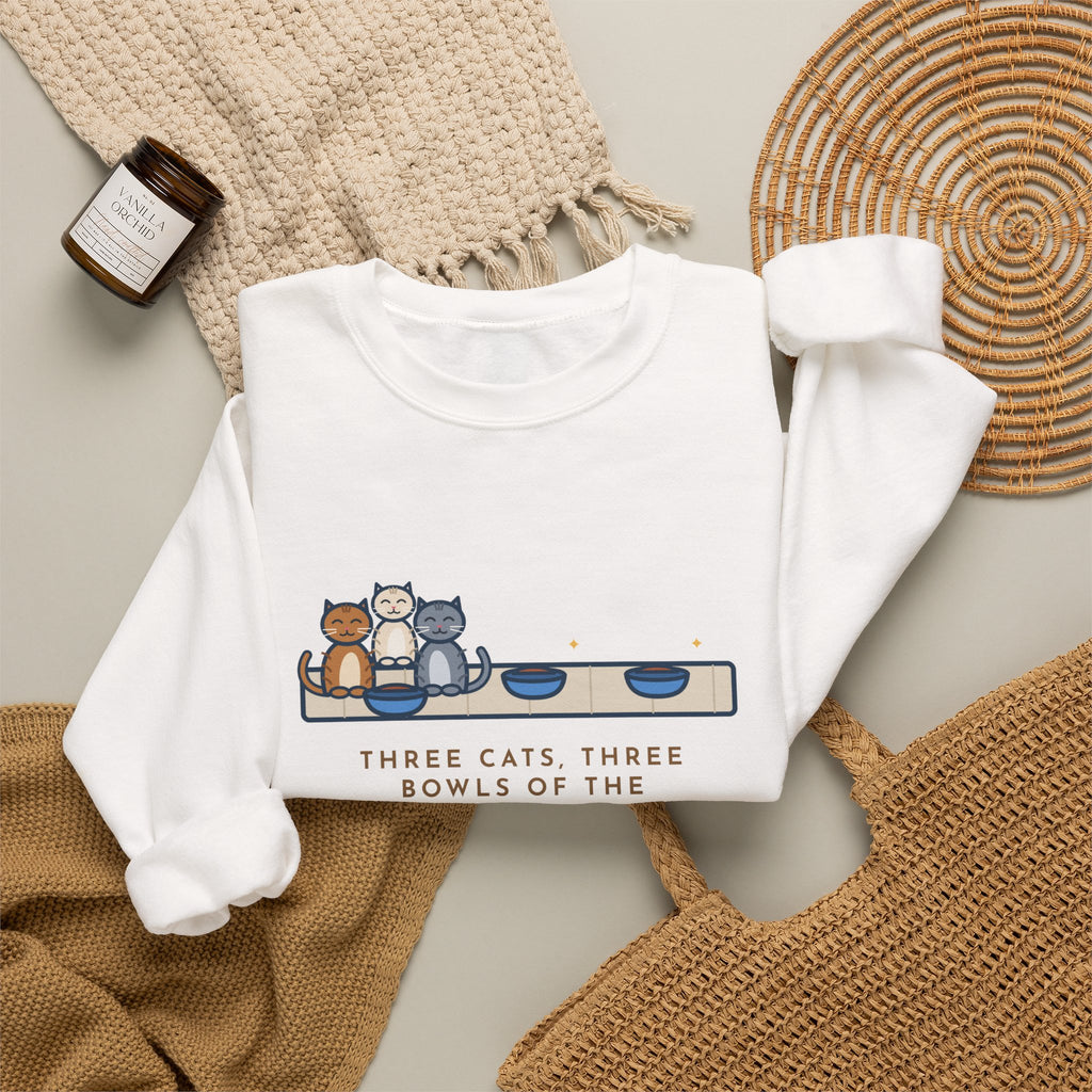 Three Cats Sweatshirt, Three Bowls of the Same Food, Every Cat Wants the One on the Left, Funny Kitchen Floor Crewneck