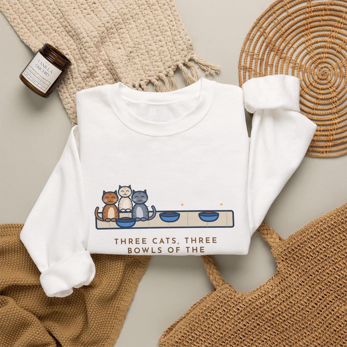 Three Cats Sweatshirt, Three Bowls of the Same Food, Every Cat Wants the One on the Left, Funny Kitchen Floor Crewneck