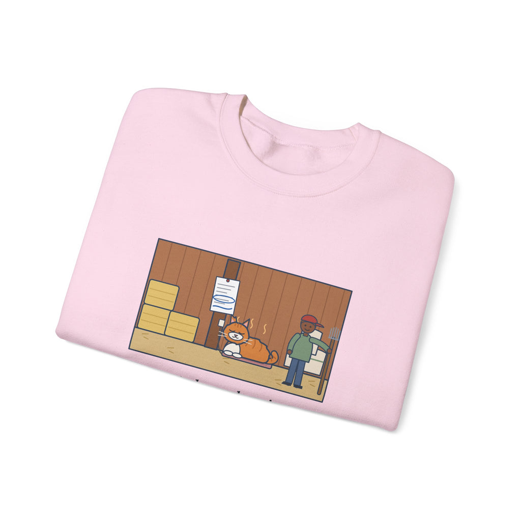 Barn Cat Sweatshirt, Showed Up in May, Now He Has a Heated Bed and His Name on the Feed Bill, Funny Barn Corner Crewneck
