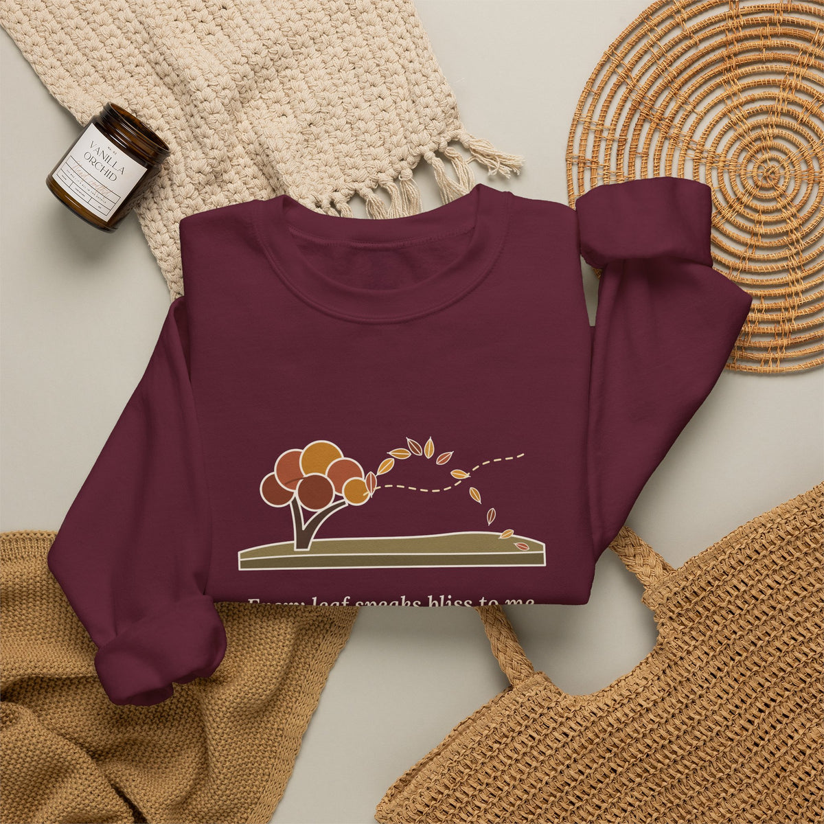 Every Leaf Speaks Bliss to Me Sweatshirt, Autumn Emily Brontë Quote Crewneck with Windswept Moor Tree