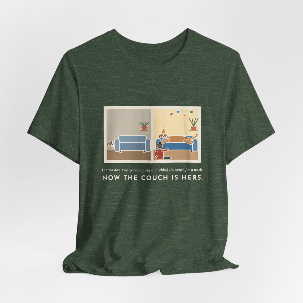 Funny Gotcha Day T-Shirt, Five Years Ago She Hid Behind the Couch, Now the Couch Is Hers, Then and Now Tee