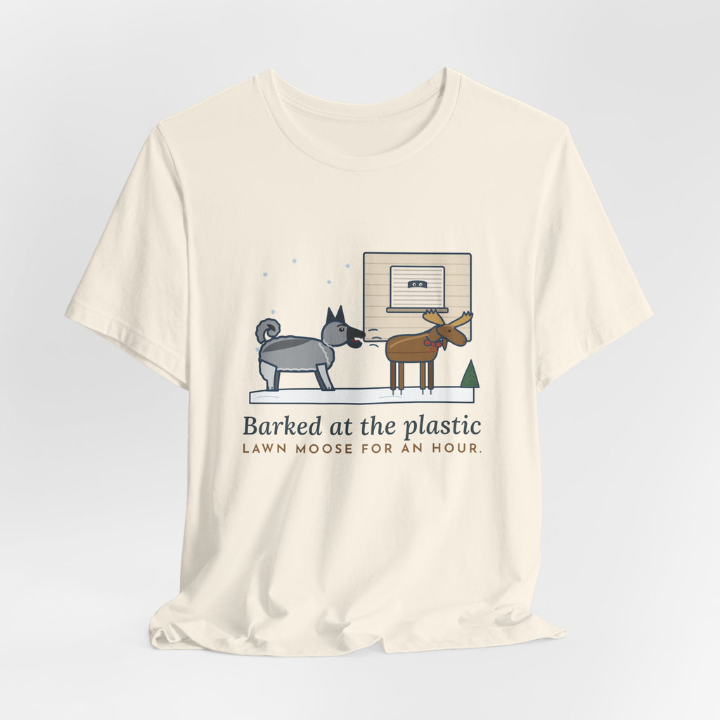 Norwegian Elkhound T-Shirt - Barked at the Plastic Lawn Moose for an Hour, Winter Dog Tee