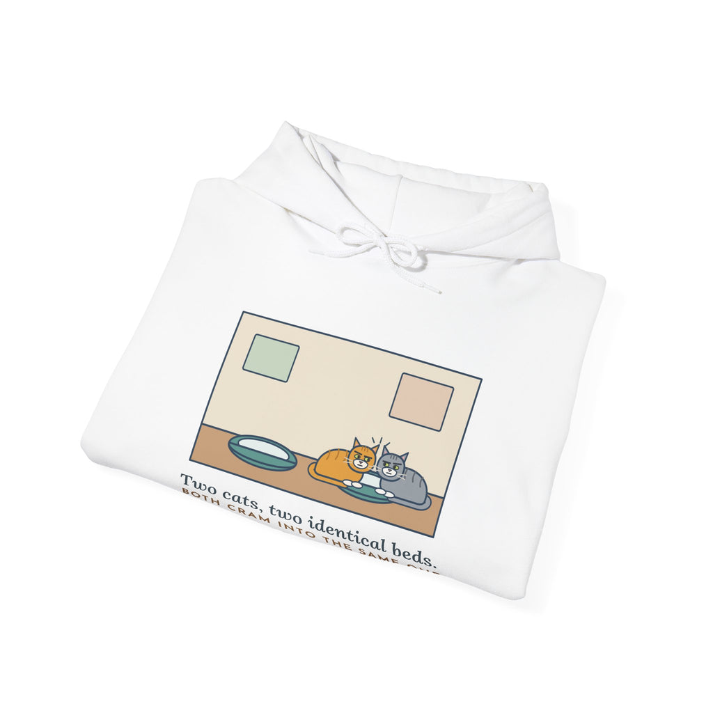 Funny Two Cats Hoodie, Two Identical Beds, Both Cram into the Same One and Glare
