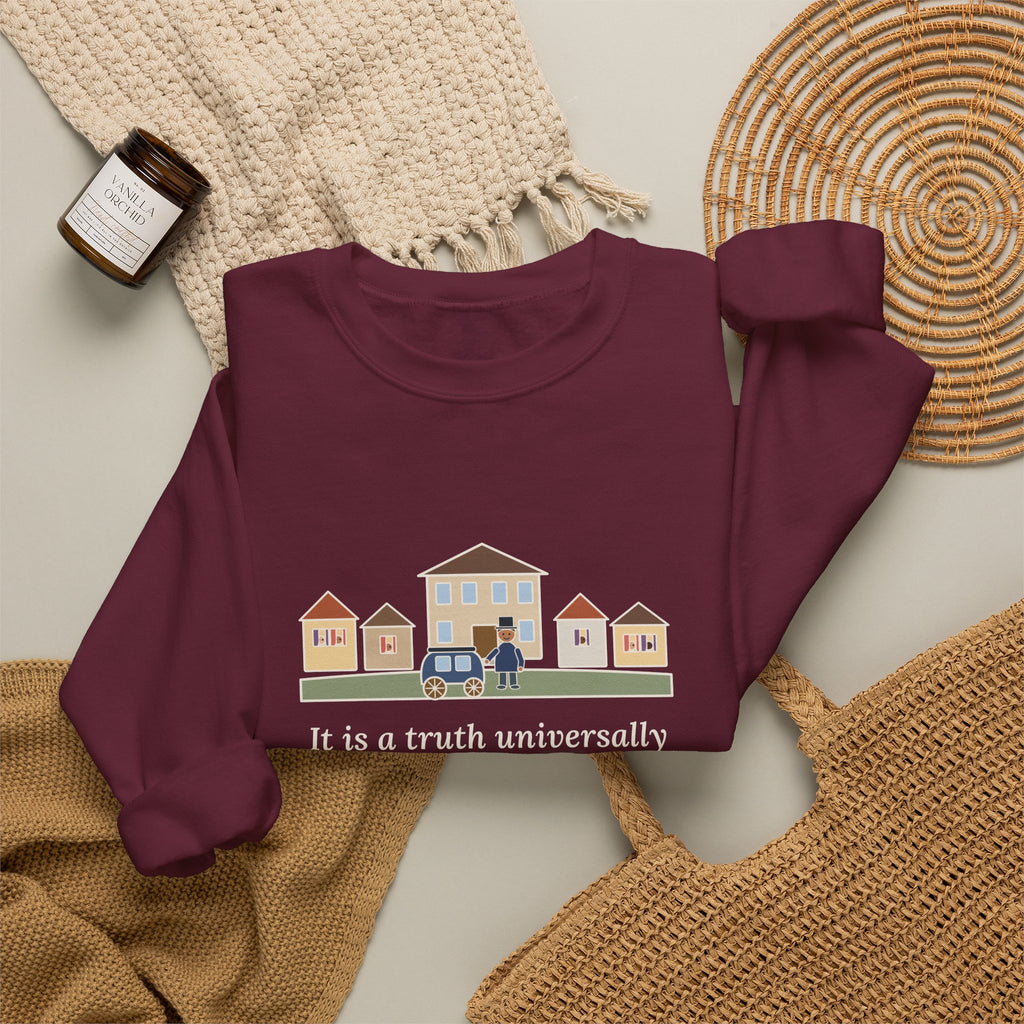 It Is a Truth Universally Acknowledged Sweatshirt, Literary Jane Austen Quote Crewneck with Village Street