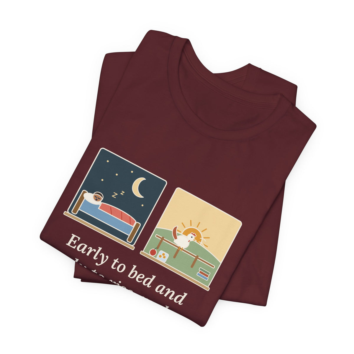 Franklin Wisdom Quote T-Shirt, Early to Bed and Early to Rise, Early Riser Moon and Rooster Tee