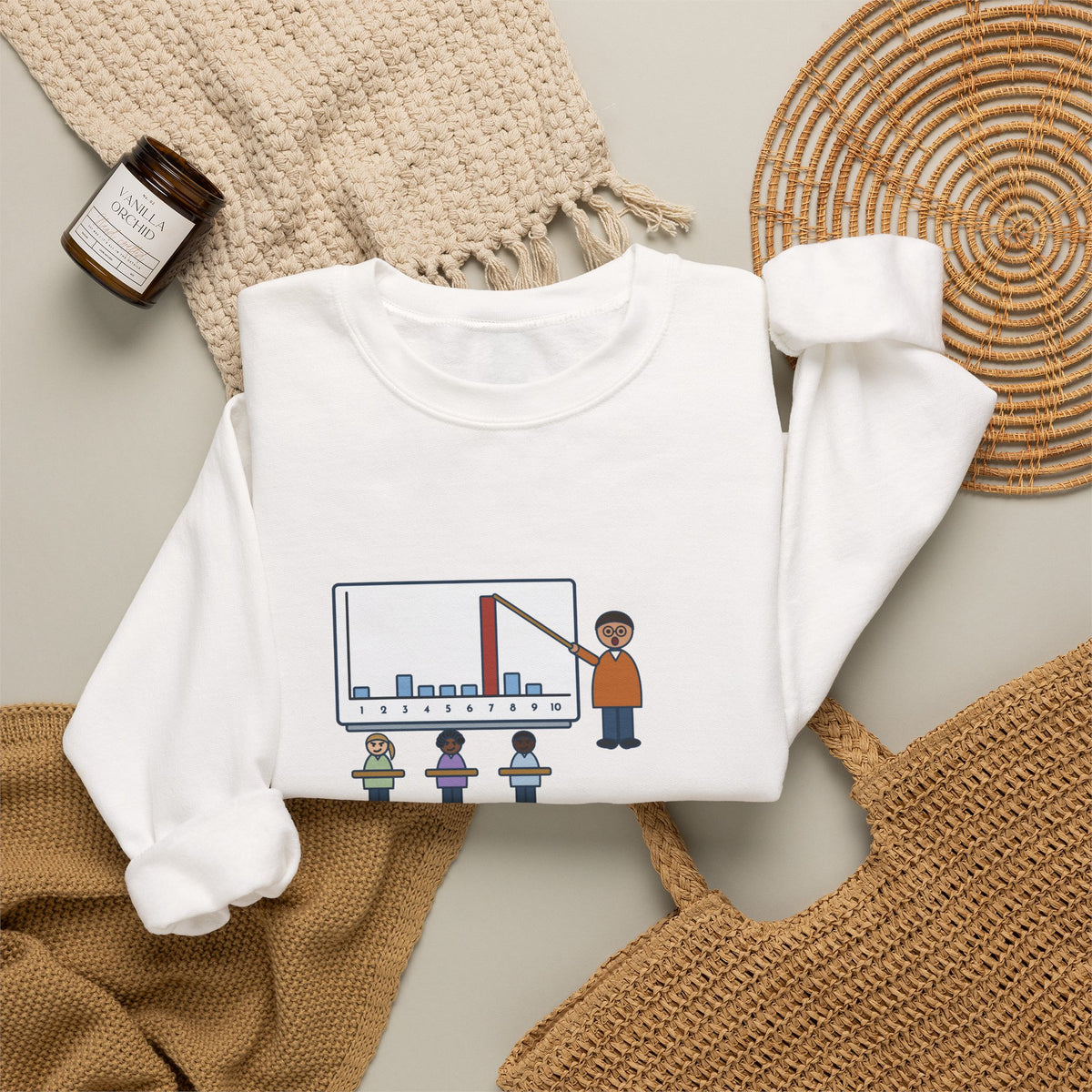 Statistics Teacher Crewneck Sweatshirt - Random Number Bar Chart Spike at Seven