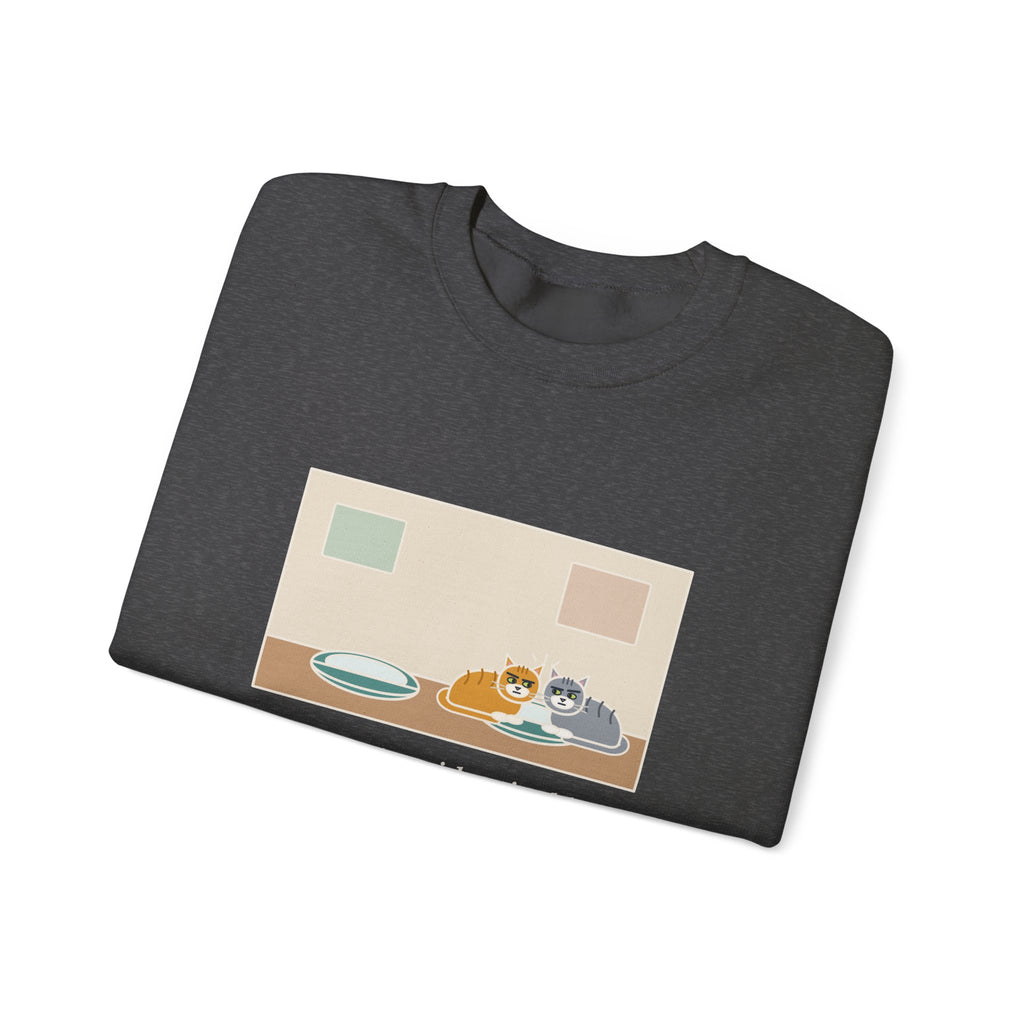 Two Cats Sweatshirt, Two Identical Beds, Both Cram into the Same One and Glare, Funny Bed Standoff Crewneck