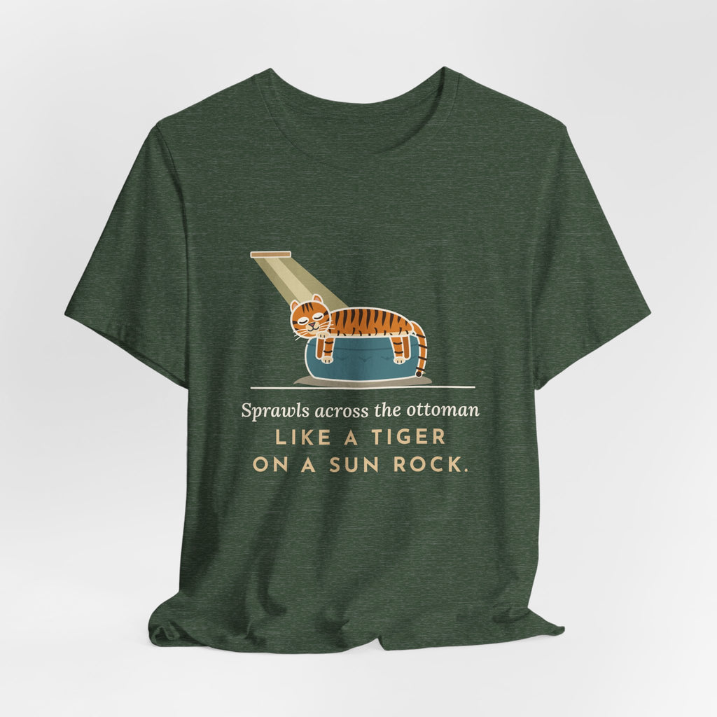 Tiger-Striped Cat T-Shirt - Sprawls Across the Ottoman Like a Tiger on a Sun Rock Striped Cat Tee