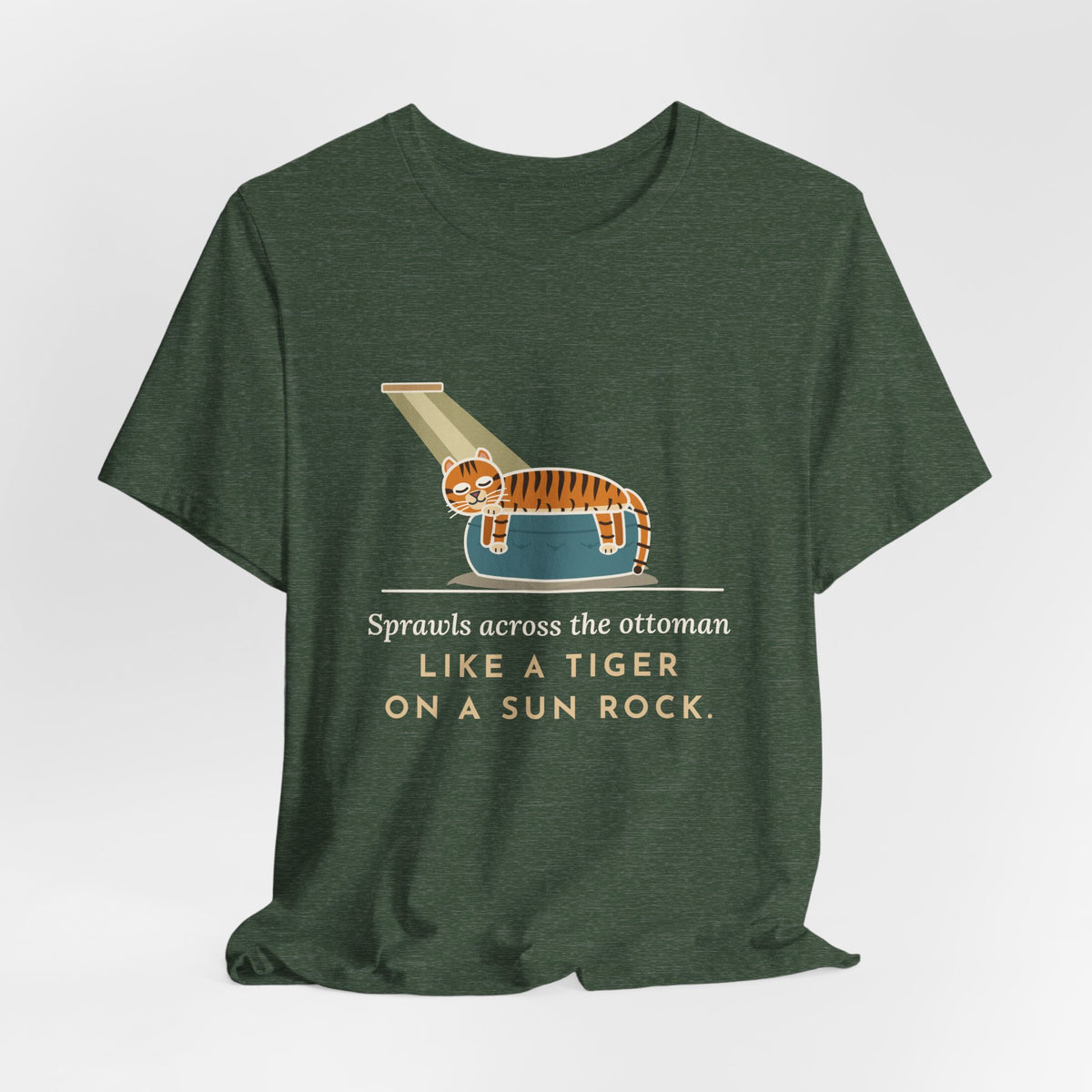 Tiger-Striped Cat T-Shirt - Sprawls Across the Ottoman Like a Tiger on a Sun Rock Striped Cat Tee