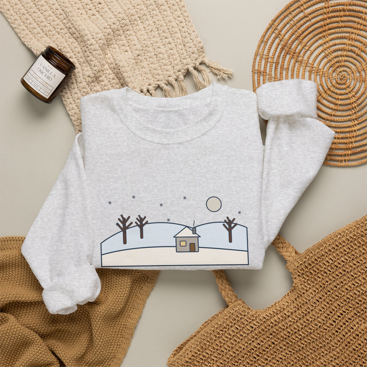 In the Bleak Mid-Winter Sweatshirt, Winter Rossetti Quote Crewneck with Snowy Cottage Hill