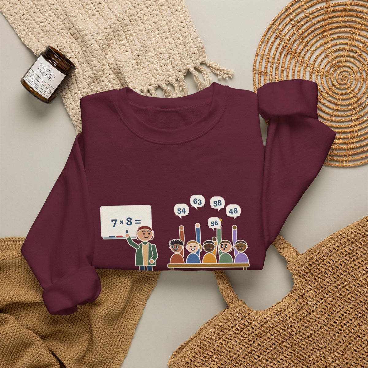 4th Grade Teacher Crewneck Sweatshirt - Seven Times Eight, Thirty Hands Up, Thirty Answers