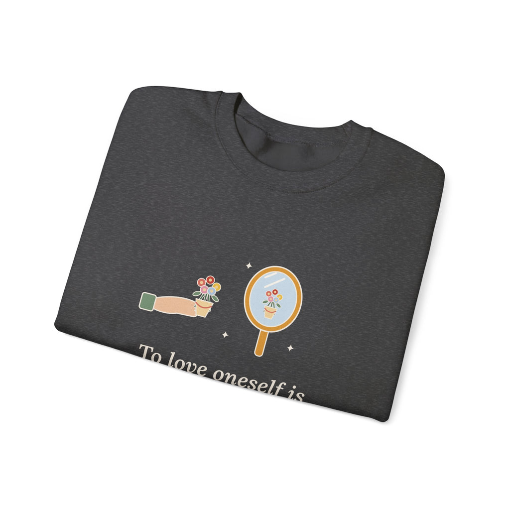 To Love Oneself Is the Beginning of a Life-Long Romance Sweatshirt, Self-Love Oscar Wilde Quote Crewneck with Mirror Bouquet