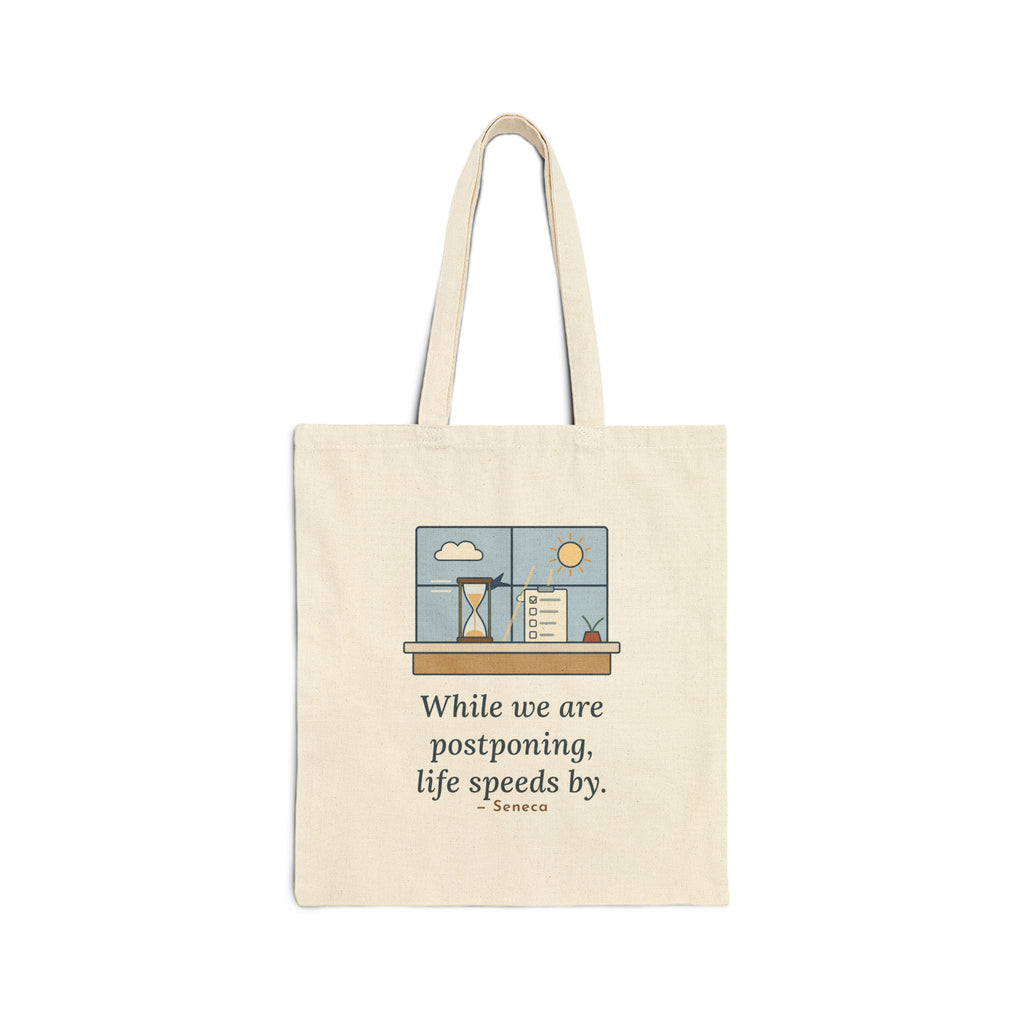 While We Are Postponing, Life Speeds By Tote Bag, Stoic Seneca Quote Tote with Swift Past the Window