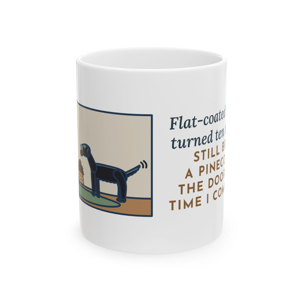 Flat-Coated Retriever Mug, Turned Ten This Year, Still Brings a Pinecone to the Door Every Time, Funny Coffee Mug 11oz
