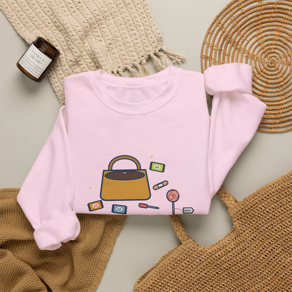 Mom Sweatshirt, Mom's Purse, Three Snacks, a Bandage, a Screwdriver and a Very Old Lollipop, Funny Purse Flat-Lay Crewneck