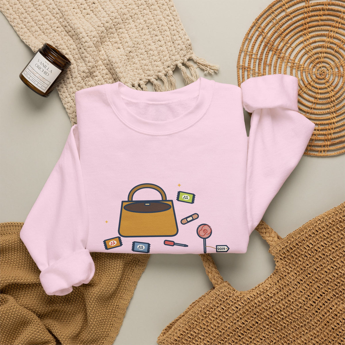 Mom Sweatshirt, Mom's Purse, Three Snacks, a Bandage, a Screwdriver and a Very Old Lollipop, Funny Purse Flat-Lay Crewneck