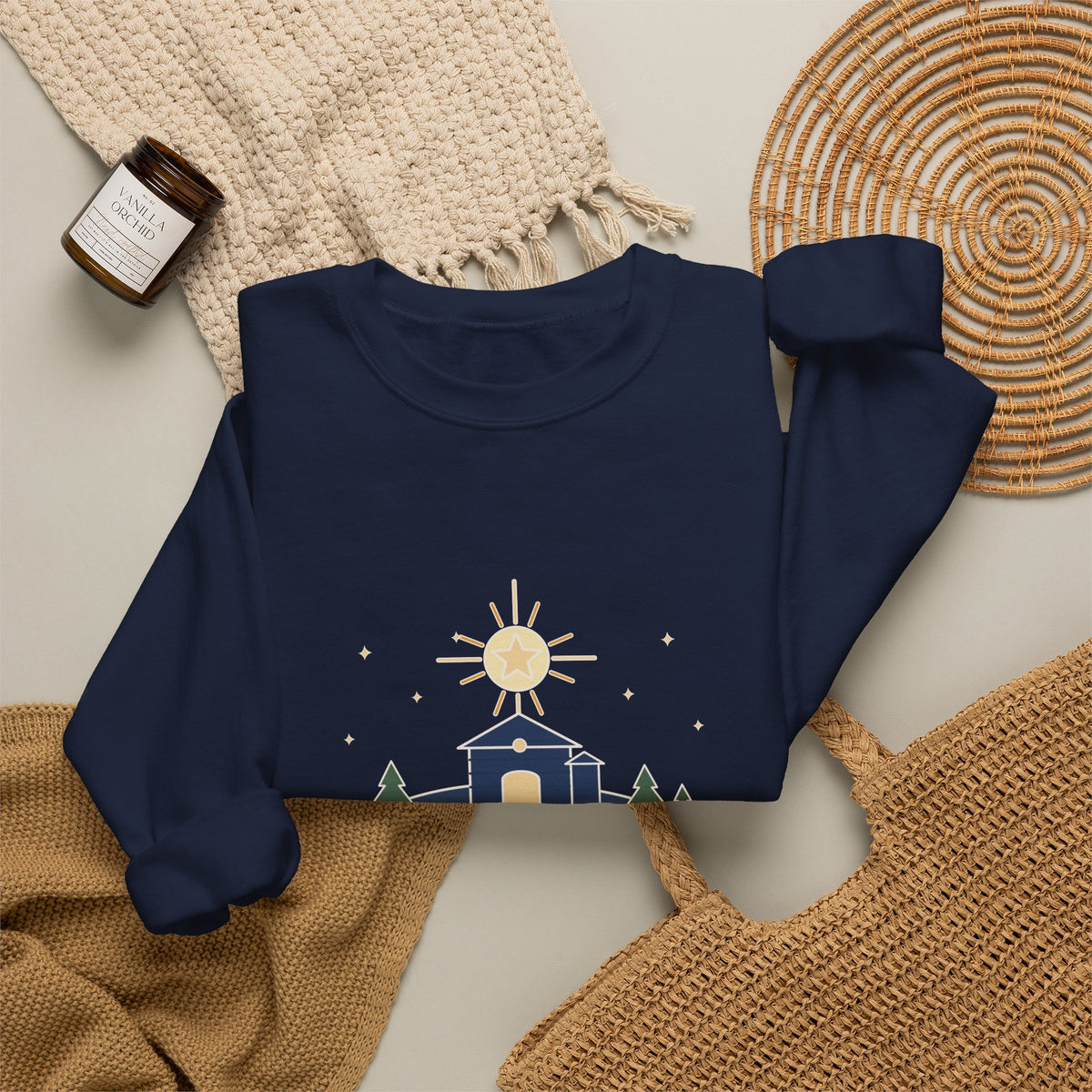 The Stars Are Brightly Shining Sweatshirt, Christmas Cappeau Quote Crewneck with Star over Stable