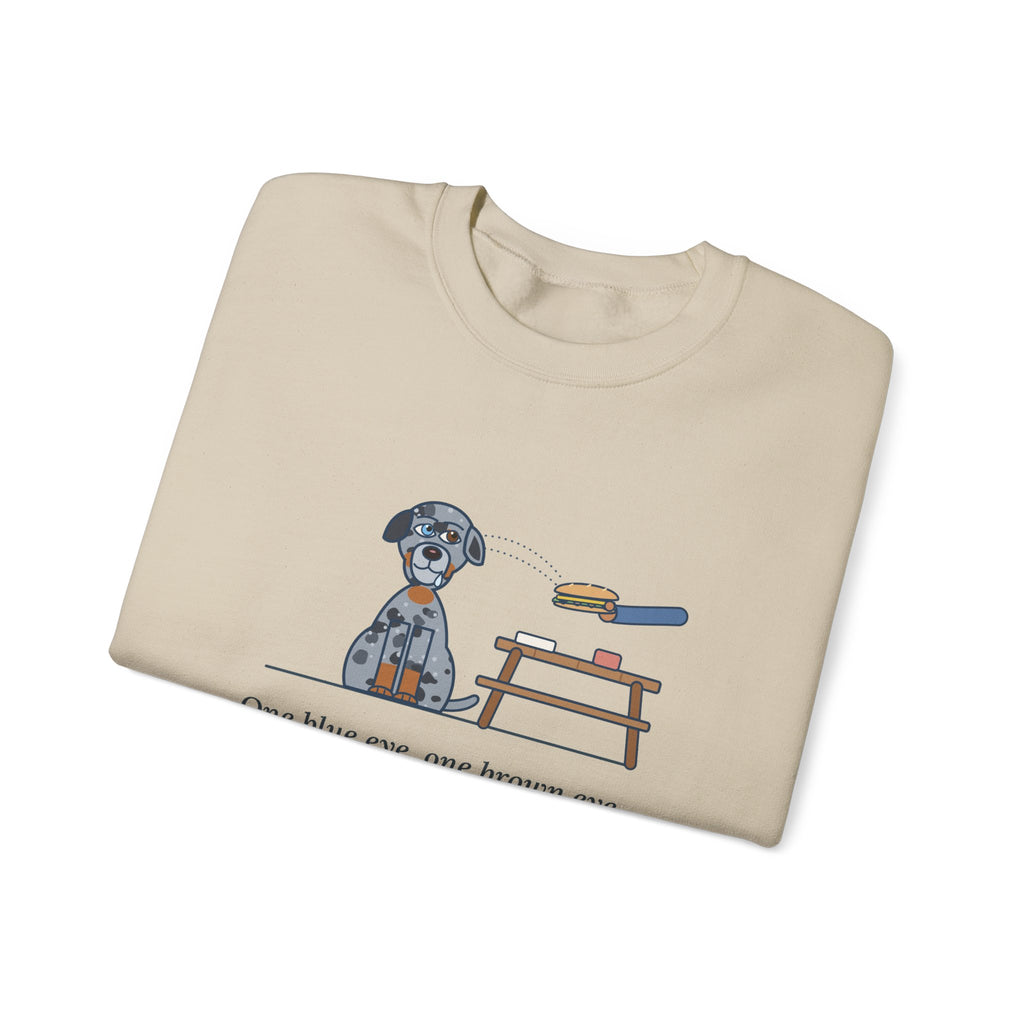 Catahoula Leopard Dog Crewneck Sweatshirt - One Blue Eye, One Brown Eye, Both on My Sandwich