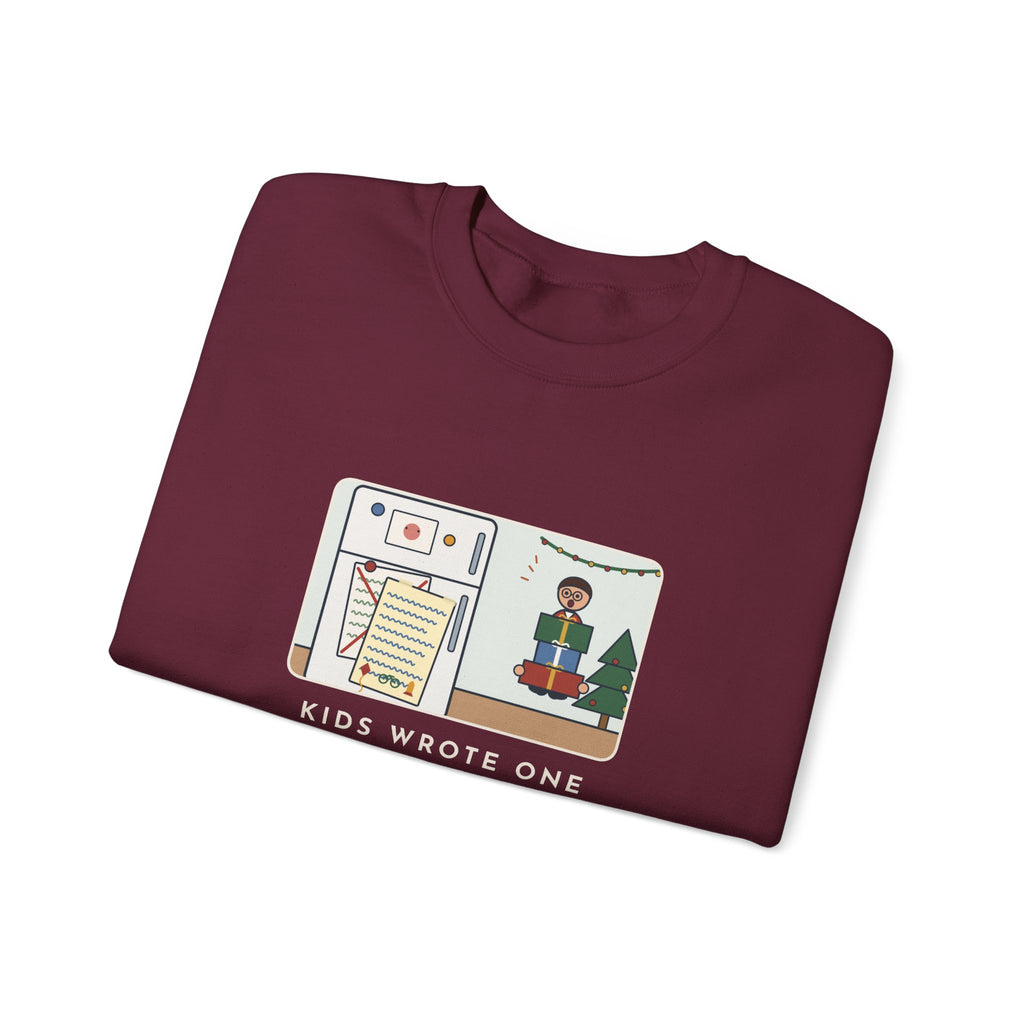 Christmas List Sweatshirt, Kids Wrote One in November, Rewrote It on December 23, Funny Fridge Door Crewneck