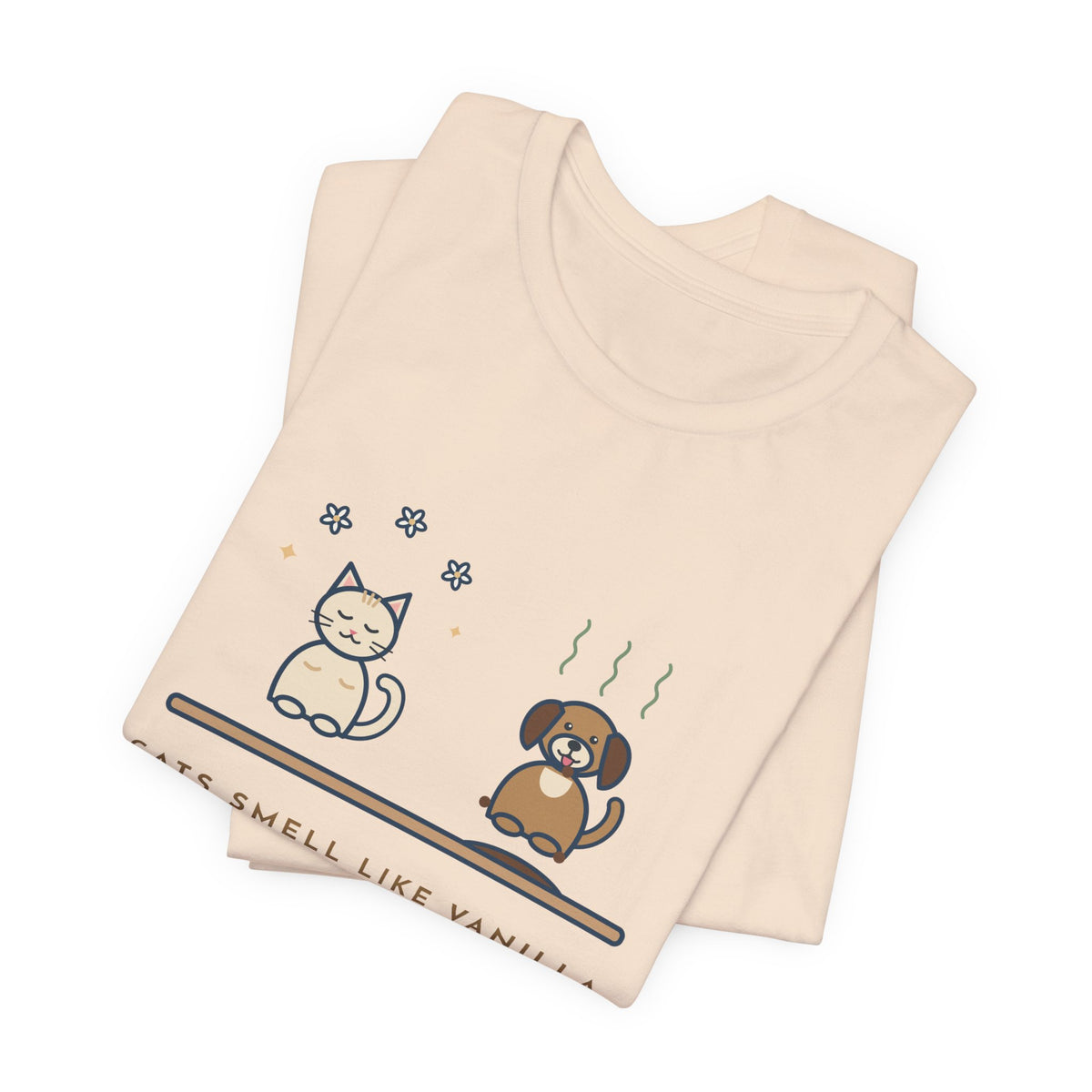 Funny Pet Humor T-Shirt, Cats Smell Like Vanilla, Dogs Smell Like Dogs, Original Illustrated Shirt