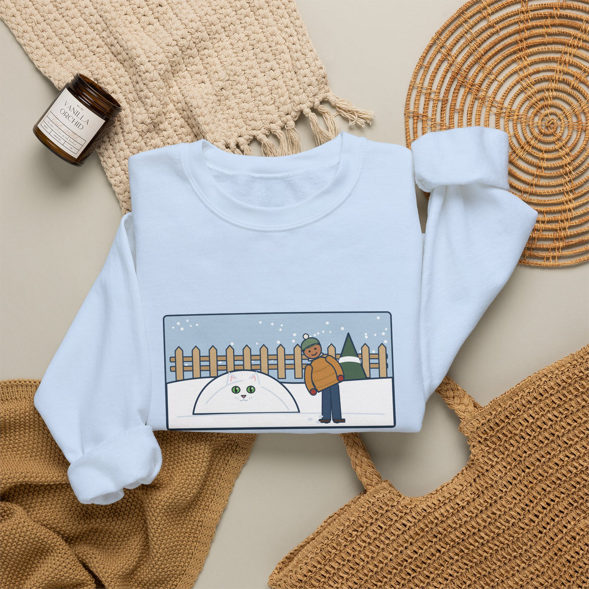 White Cat Sweatshirt, In the Snow, Found Her by the Pink Nose and the Green Eyes, Funny Snowy Backyard Crewneck
