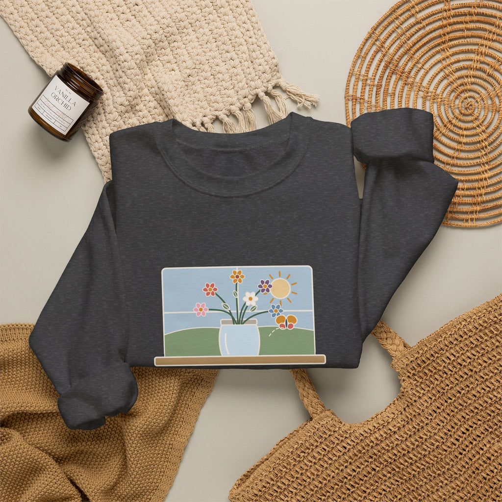 A Thing of Beauty Is a Joy Forever Sweatshirt, Nature John Keats Quote Crewneck with Wildflower Jar