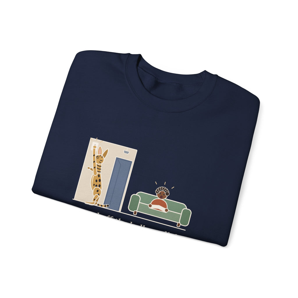 Serengeti Cat Crewneck Sweatshirt - Long-Legged Spotted Cat at the Light Switch