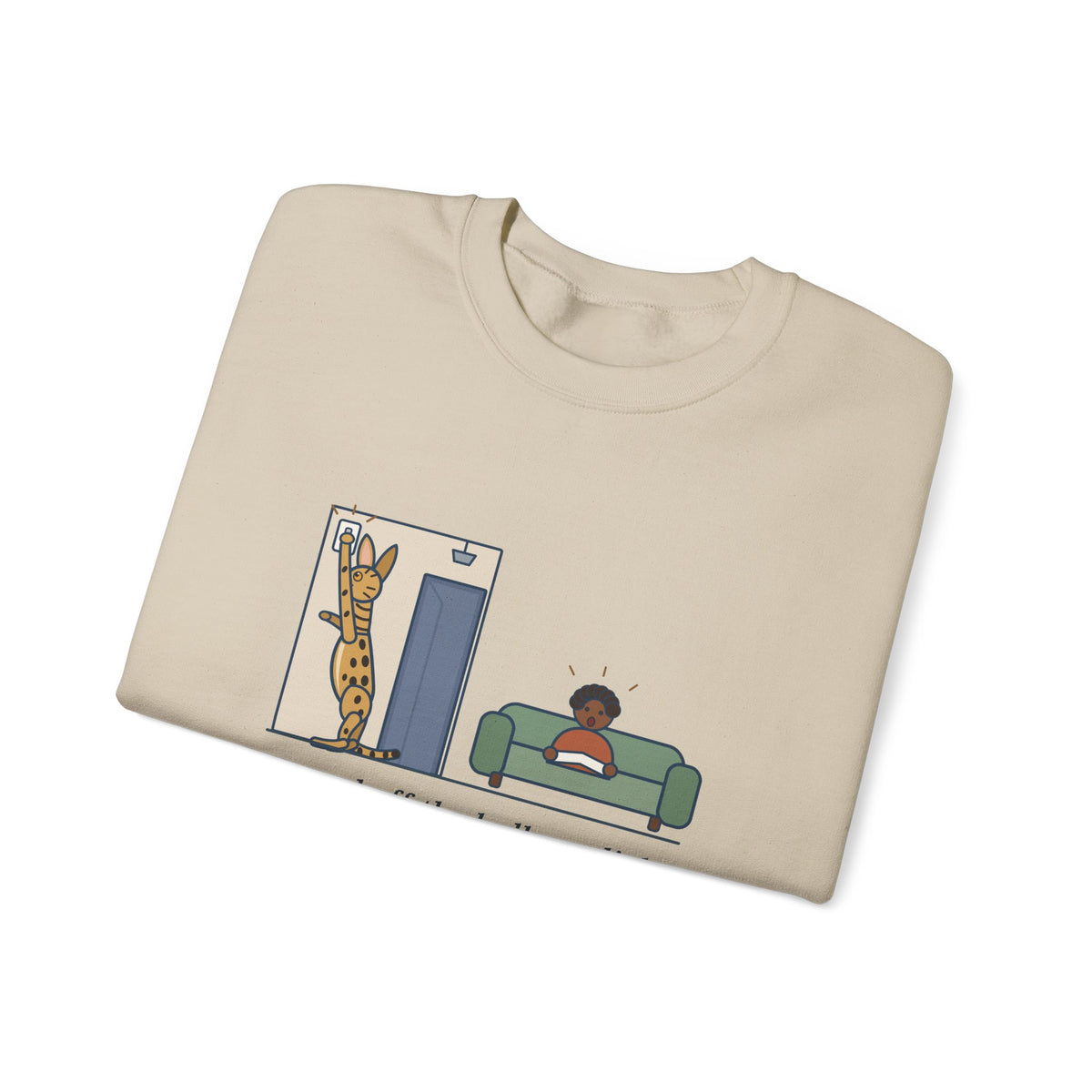 Serengeti Cat Crewneck Sweatshirt - Long-Legged Spotted Cat at the Light Switch