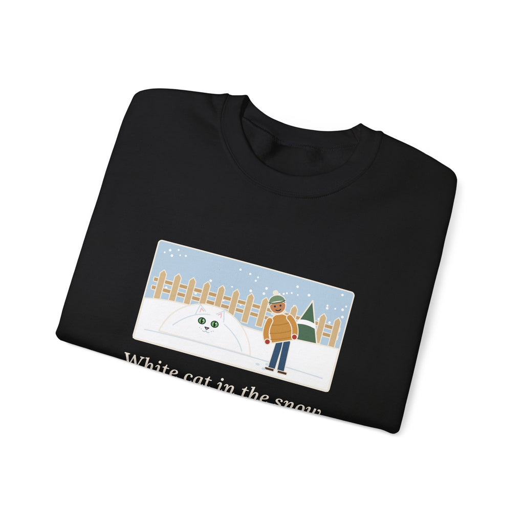 White Cat Sweatshirt, In the Snow, Found Her by the Pink Nose and the Green Eyes, Funny Snowy Backyard Crewneck