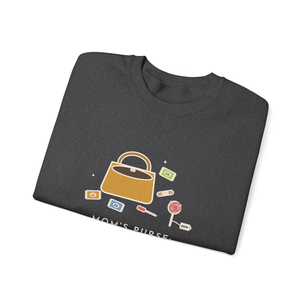 Mom Sweatshirt, Mom's Purse, Three Snacks, a Bandage, a Screwdriver and a Very Old Lollipop, Funny Purse Flat-Lay Crewneck