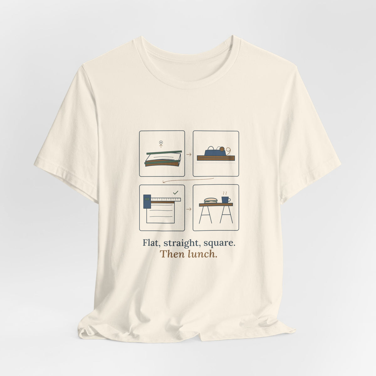 Woodworking T-Shirt - Flat, Straight, Square. Then Lunch. Woodworker Tee