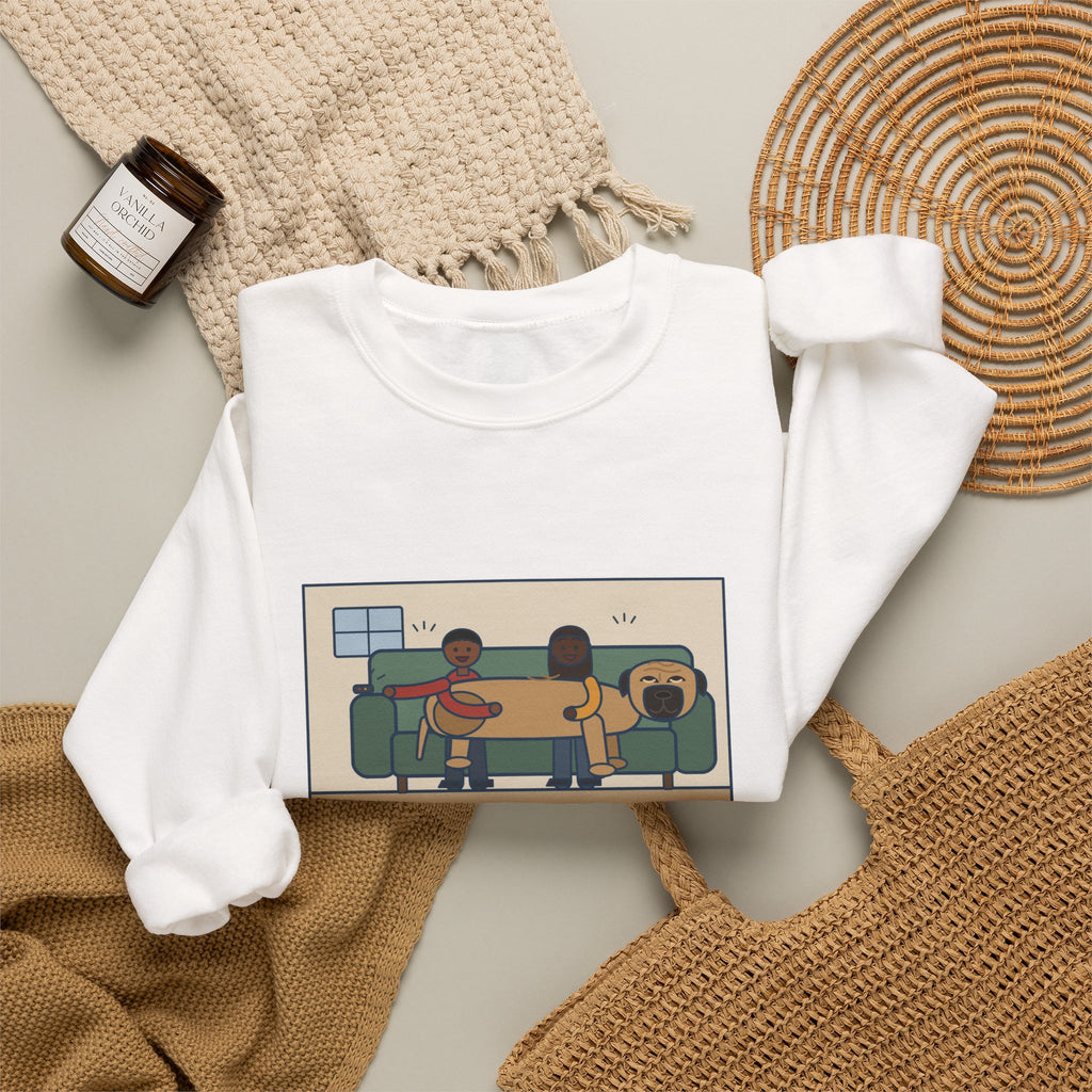 Bullmastiff Sweatshirt, Decided He Was a Lap Dog, Two of Us Pinned to the Couch, Funny Couch Pile Crewneck