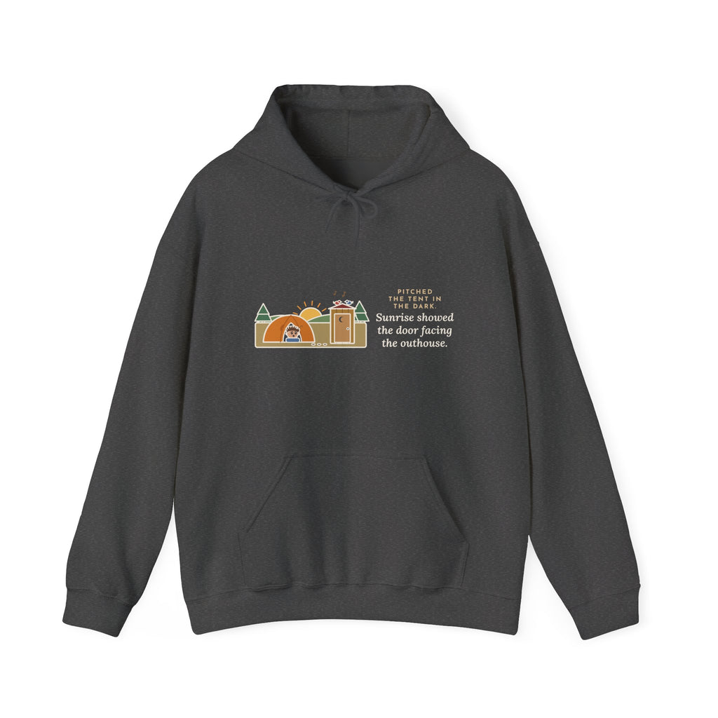 Funny Camping Hoodie, Pitched the Tent in the Dark, Outhouse View Humor