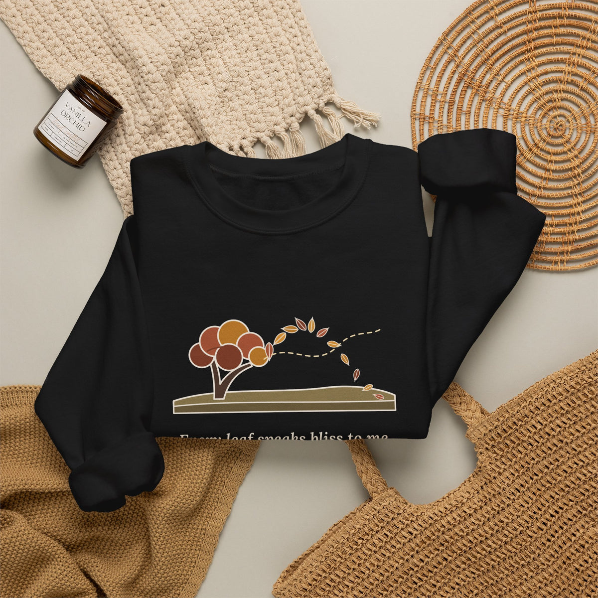 Every Leaf Speaks Bliss to Me Sweatshirt, Autumn Emily Brontë Quote Crewneck with Windswept Moor Tree