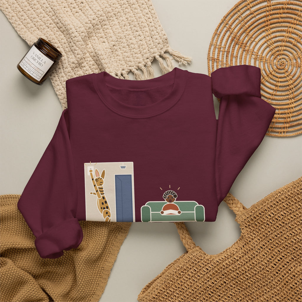 Serengeti Cat Crewneck Sweatshirt - Long-Legged Spotted Cat at the Light Switch