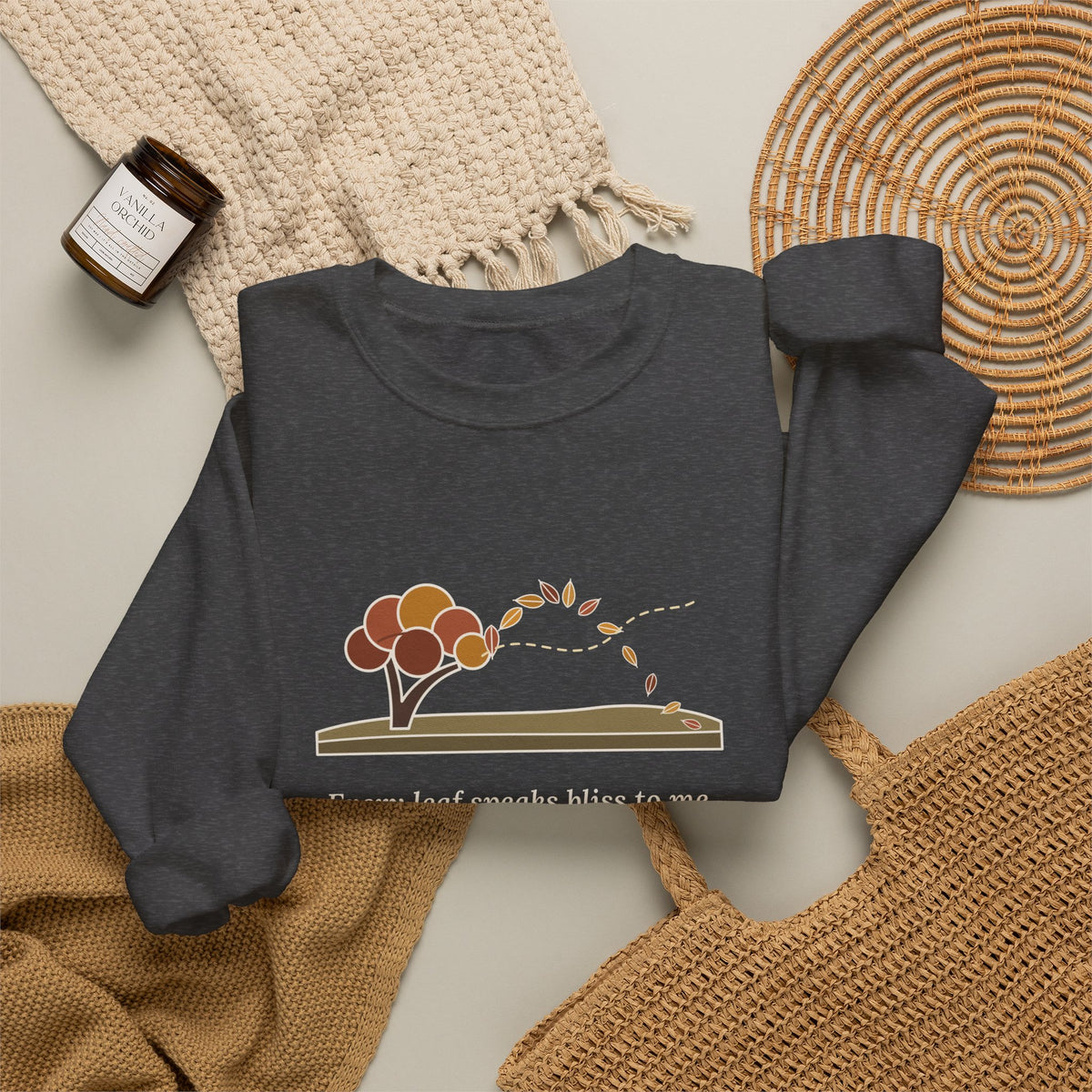 Every Leaf Speaks Bliss to Me Sweatshirt, Autumn Emily Brontë Quote Crewneck with Windswept Moor Tree