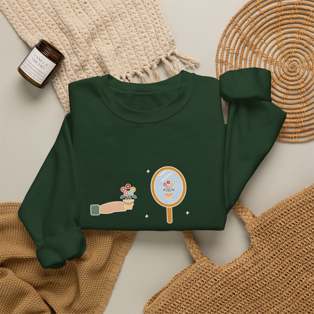 To Love Oneself Is the Beginning of a Life-Long Romance Sweatshirt, Self-Love Oscar Wilde Quote Crewneck with Mirror Bouquet