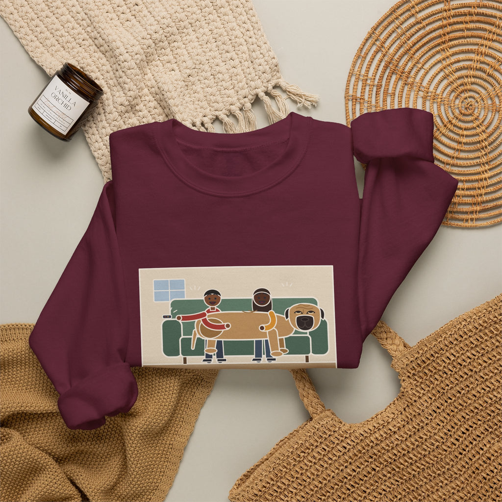 Bullmastiff Sweatshirt, Decided He Was a Lap Dog, Two of Us Pinned to the Couch, Funny Couch Pile Crewneck
