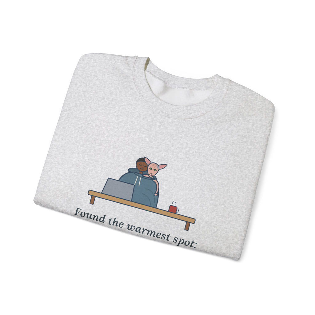 Peterbald Cat Found the Warmest Spot Crewneck Sweatshirt - Funny Hairless Cat Lover Gift