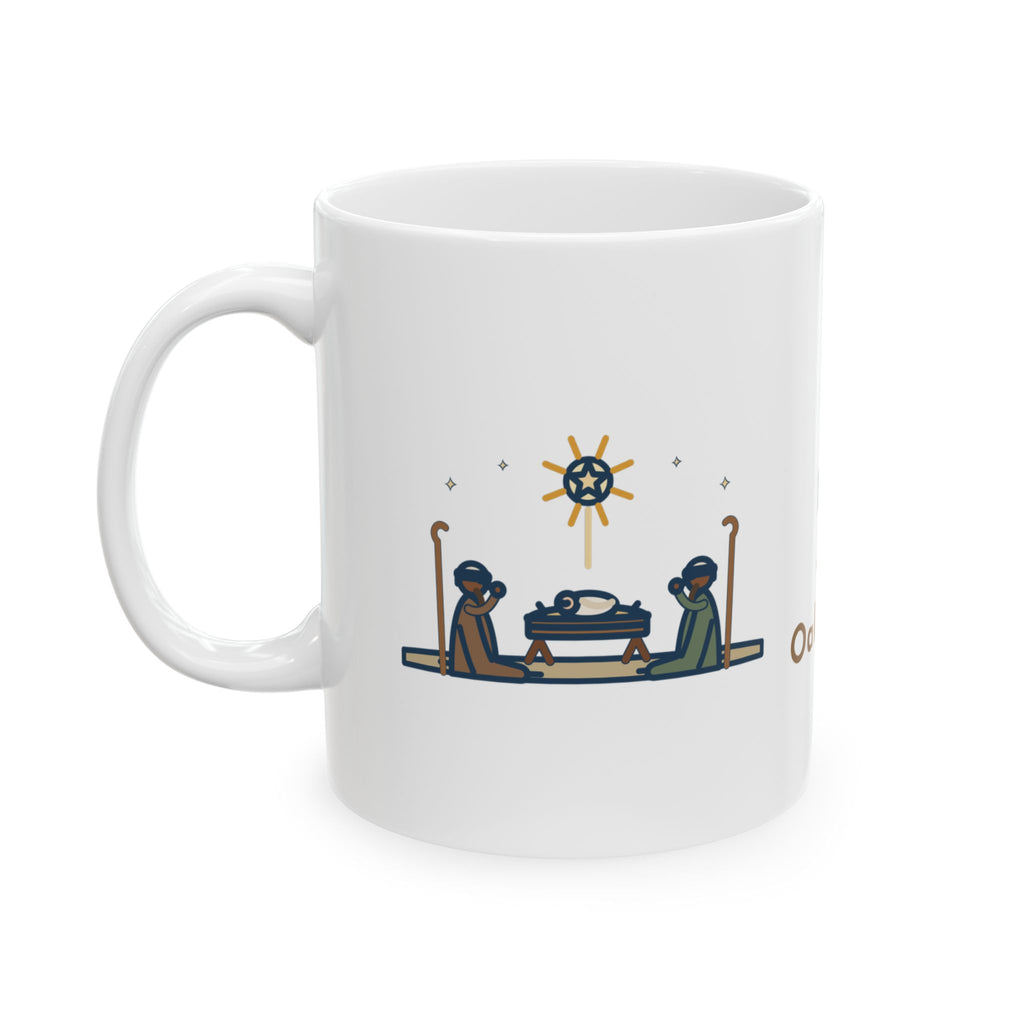 Oakeley Quote Mug, O Come, Let Us Adore him, Christmas Woodcut Manger Coffee Mug 11oz