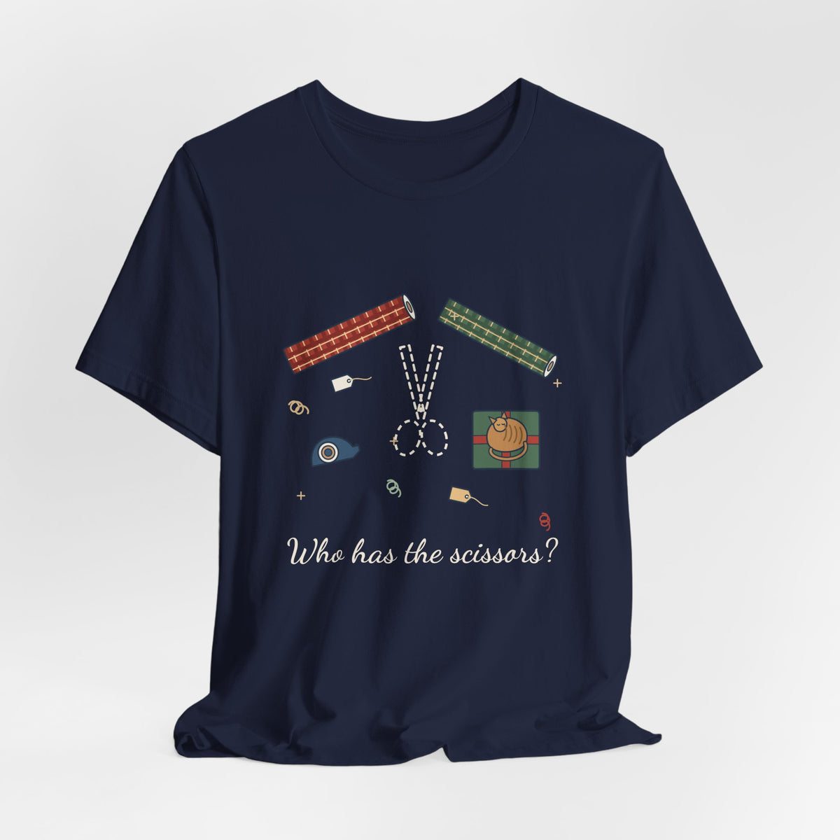 Funny Christmas T-Shirt - Who Has the Scissors? Gift Wrapping Tee