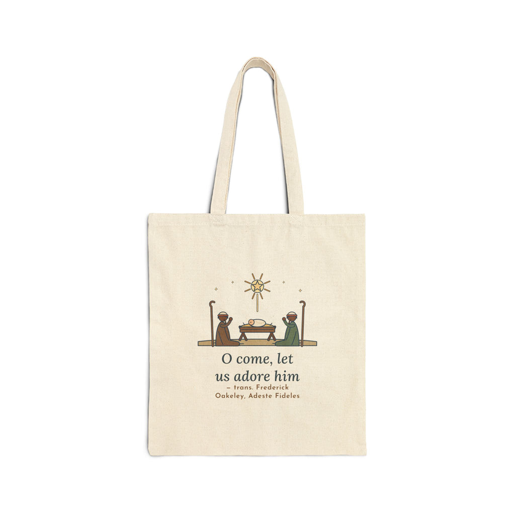 O Come, Let Us Adore him Tote Bag, Christmas Oakeley Quote Tote with Woodcut Manger