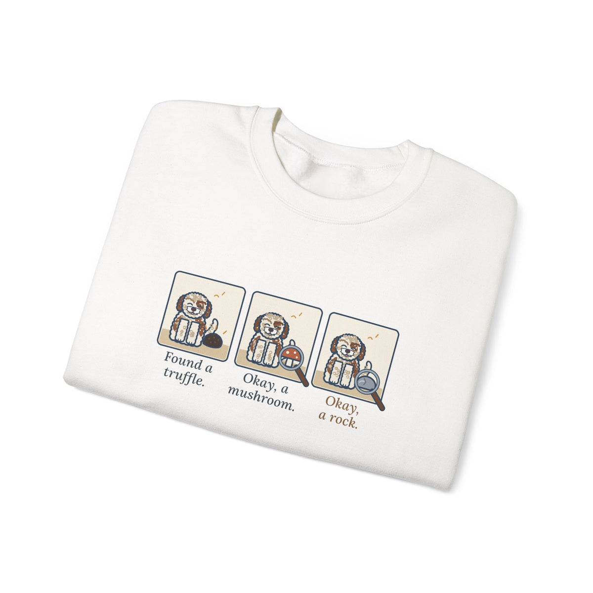 Lagotto Romagnolo Crewneck Sweatshirt - Truffle, Mushroom, Rock Three-Panel Dog Comic