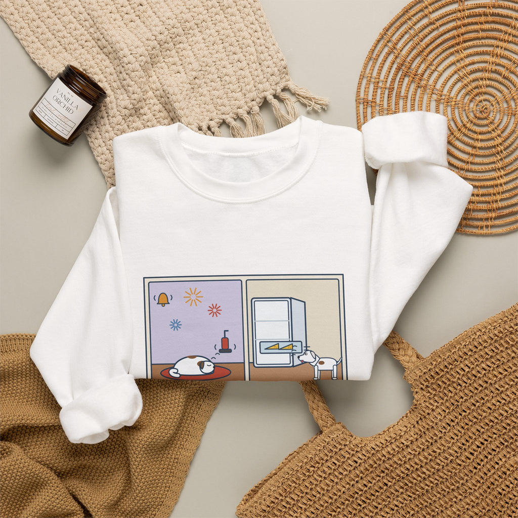 Deaf Dog Sweatshirt, Slept Through the Doorbell and Fireworks, Woke Up When the Cheese Drawer Opened, Funny Two Panels Crewneck
