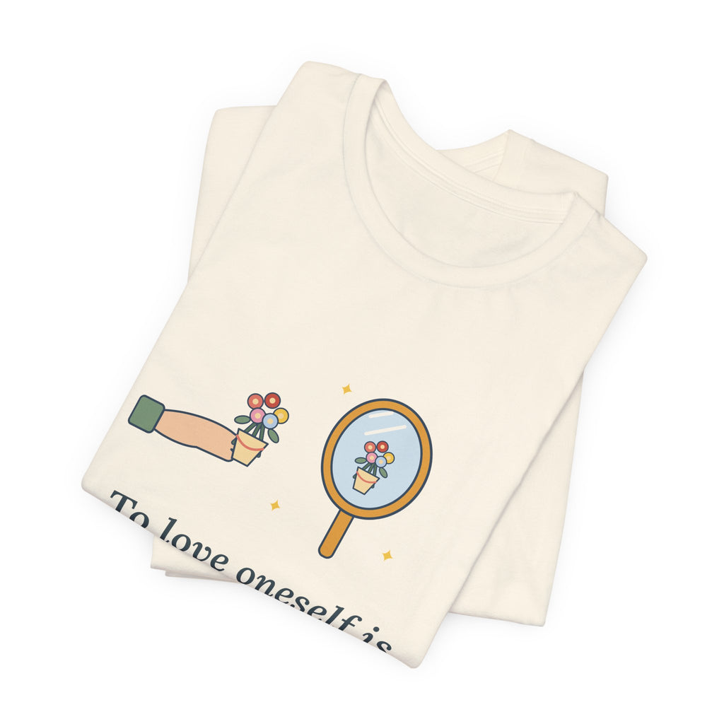 Oscar Wilde Quote T-Shirt, To Love Oneself Is the Beginning of a Life-Long Romance, Self-Love Mirror Bouquet Tee
