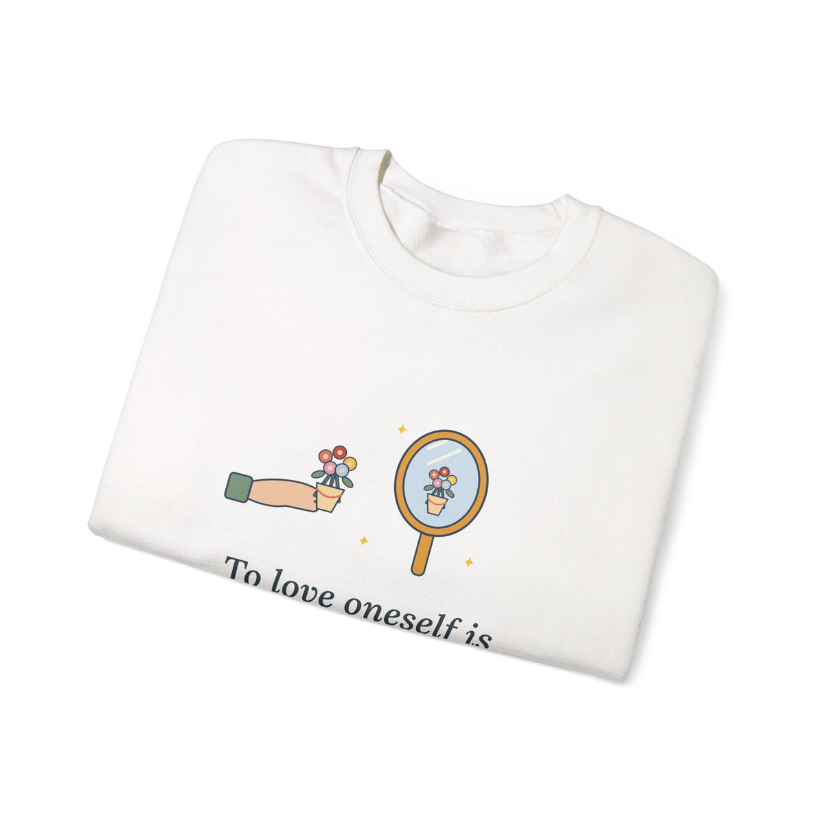 To Love Oneself Is the Beginning of a Life-Long Romance Sweatshirt, Self-Love Oscar Wilde Quote Crewneck with Mirror Bouquet