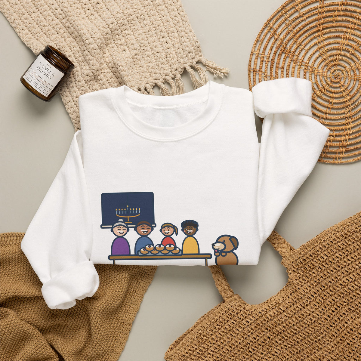 Hanukkah Sweatshirt, One Tray of Jelly Doughnuts, Powdered Sugar on Every Face, the Dog's Too, Funny Sugar Mustaches Crewneck